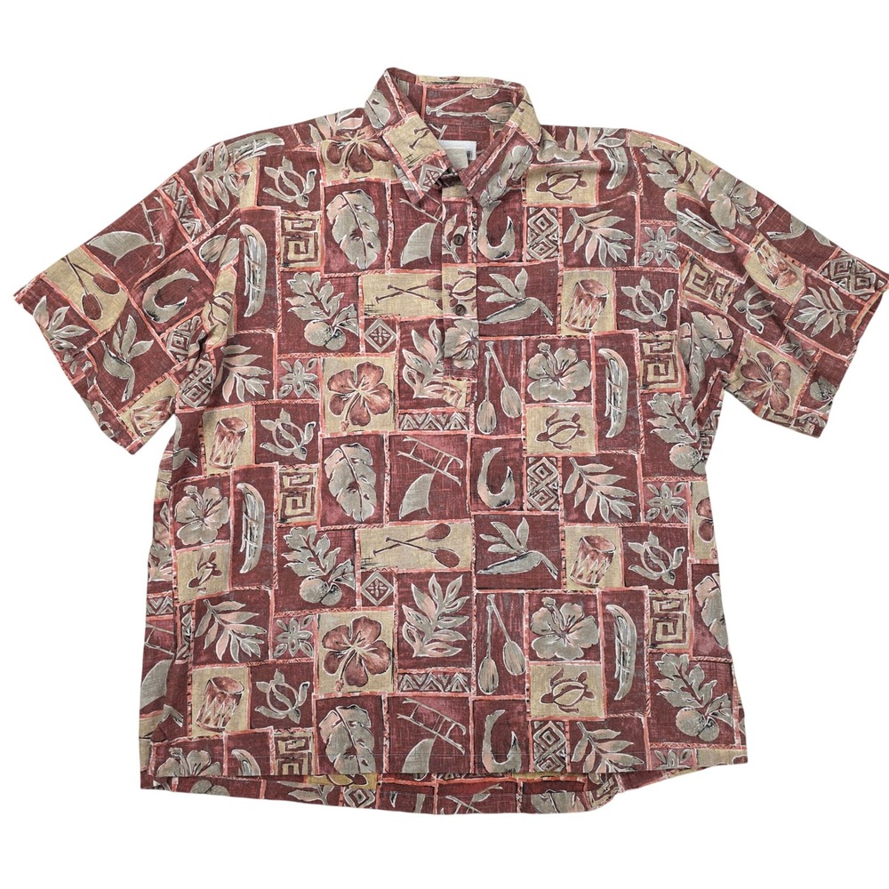 Hawaiian Aloha Shirt Men's Short‎ Sleeve Button Down Tropical Pattern Red Tan XL